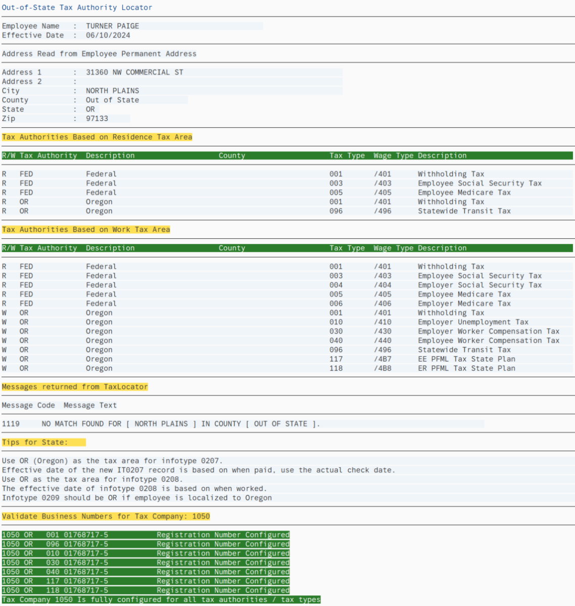 Report results for employee living in Oregon displayed.