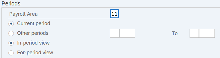 Periods section with Payroll Area field highlighted.