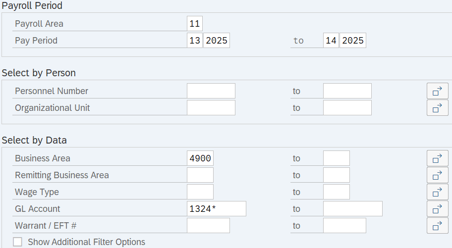 Payroll Area, Pay Period, Business Area and GL Account fields displayed.