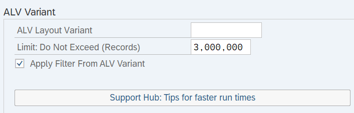 ALV Variant, Limit: Do Not Exceed (Records) fields and Apply Filter From ALV Variant checkbox displayed. 