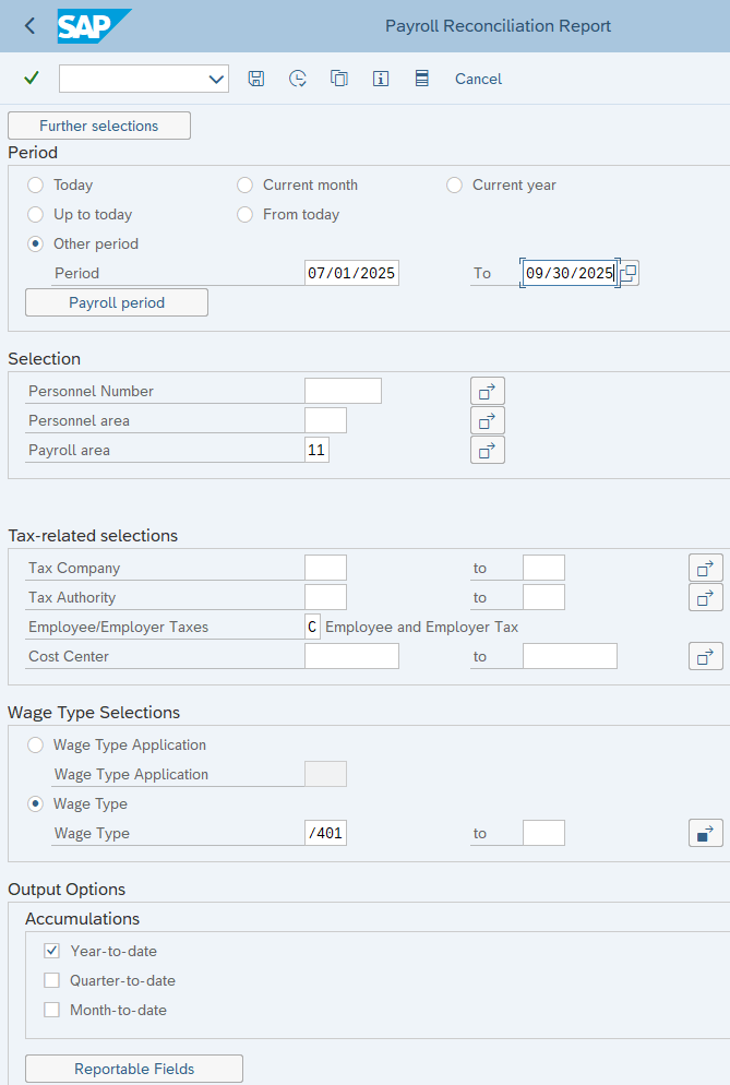 Other period, Payroll Area, Wage Type, and Accumulations selections displayed.
