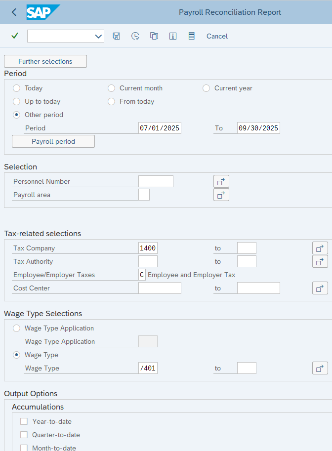 Other Period, Tax Company, Employee/Employer Taxes, and Wage Type fields displayed.