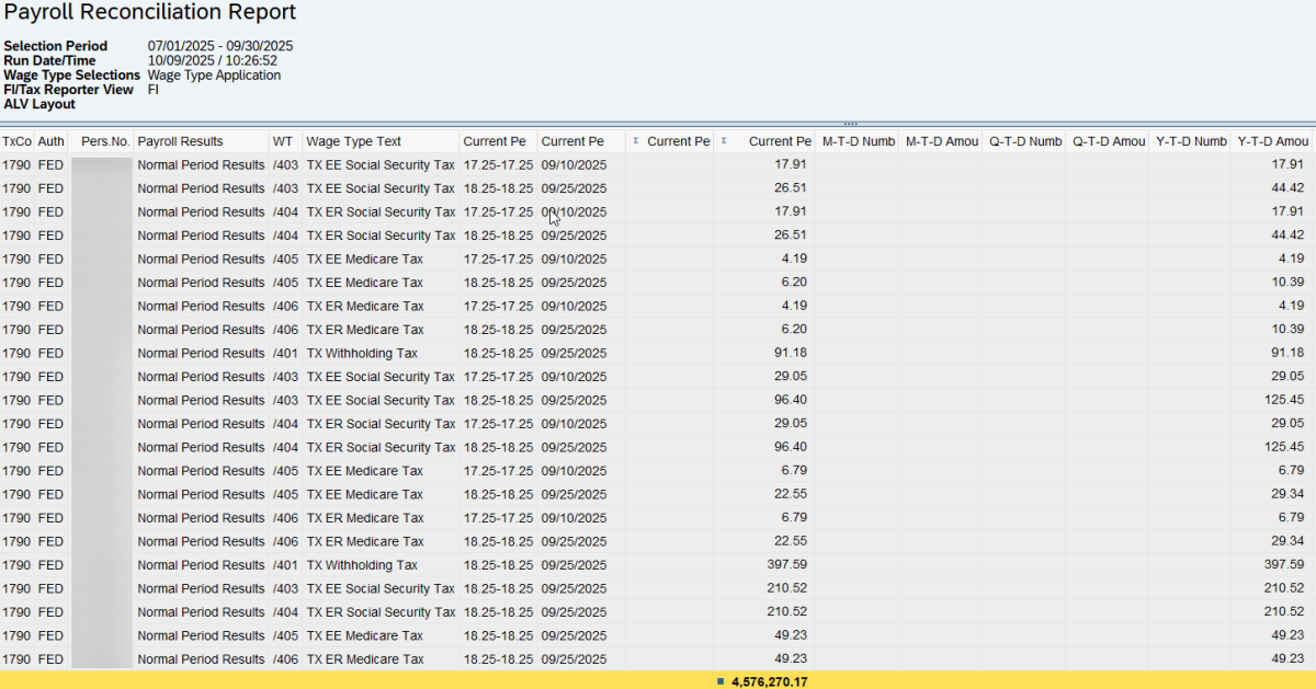 Sample Payroll Reconciliation Report results displayed.