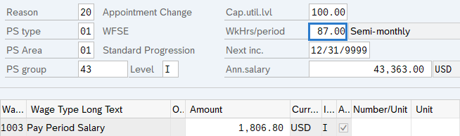 Basic Pay screen with WkHrs/period field missing.