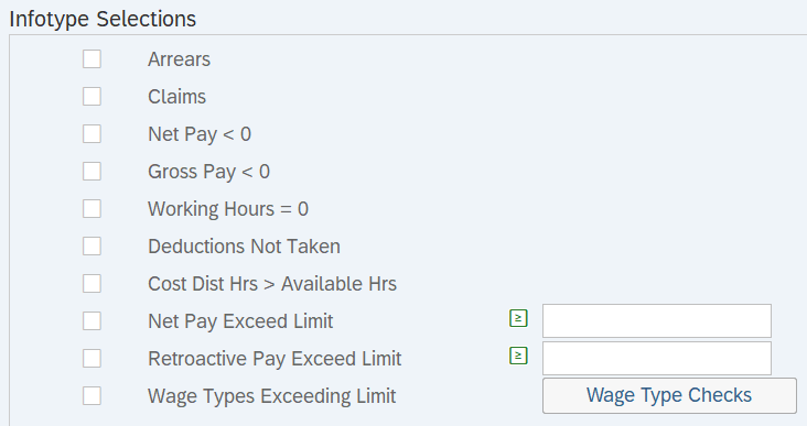 Infotype Selections check boxes highlighted.