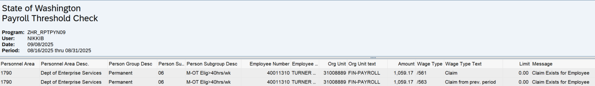 Payroll Threshold Report results displayed.
