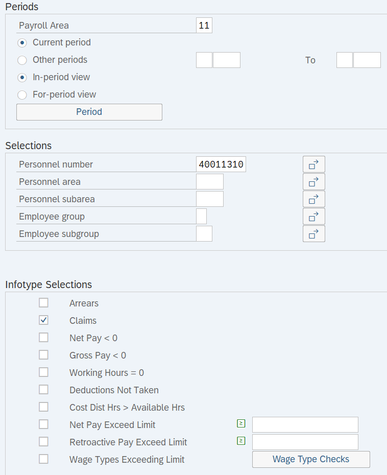 Period section, Selections, and Infotype Sections displayed.