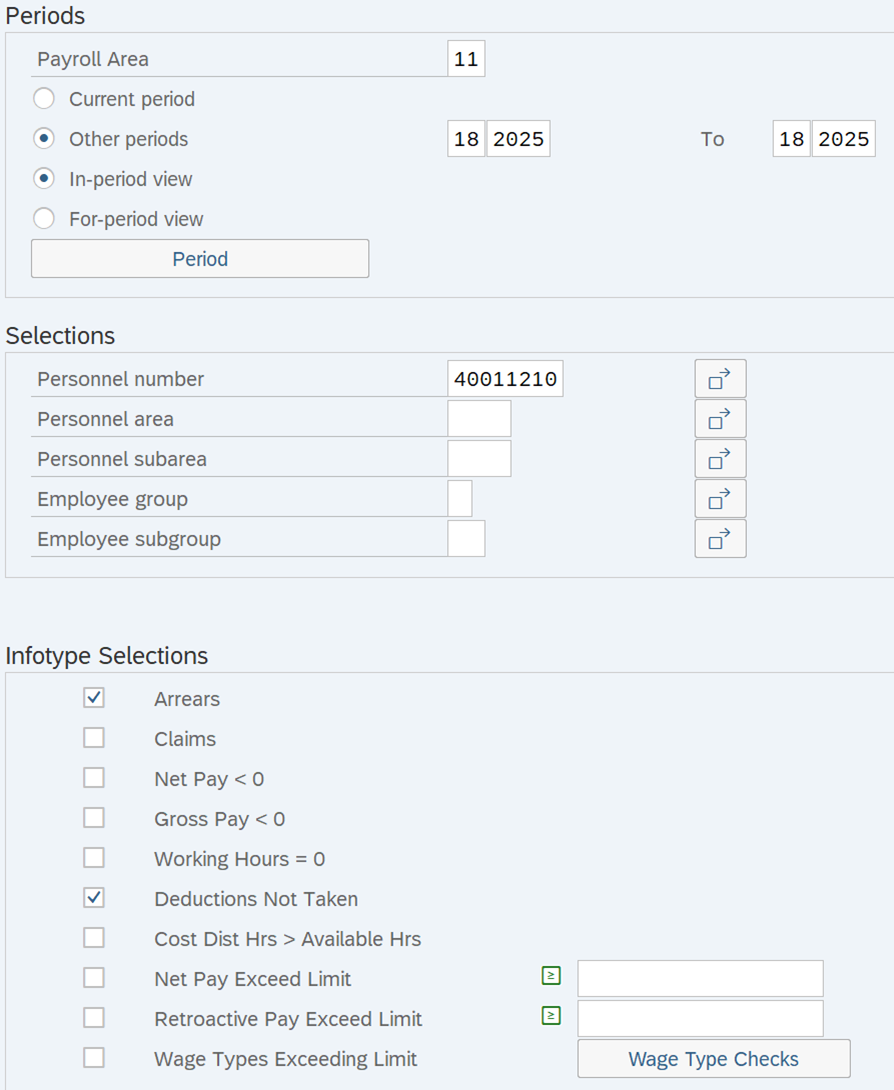 Period, Selections and Infotype Selections fields displayed.