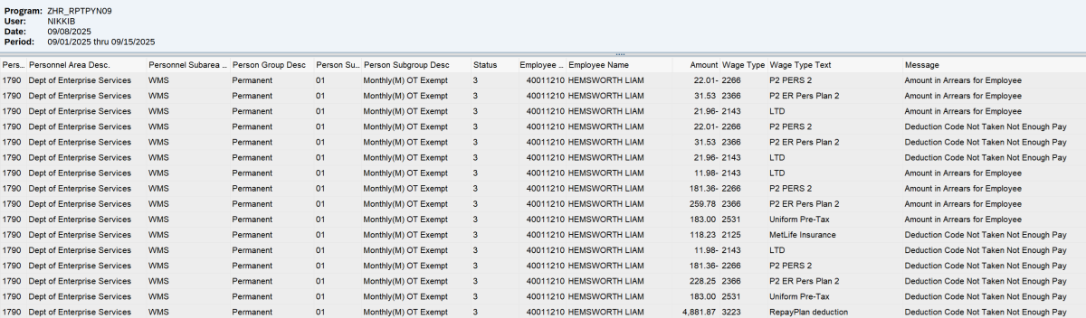 Payroll Threshold report results displayed.
