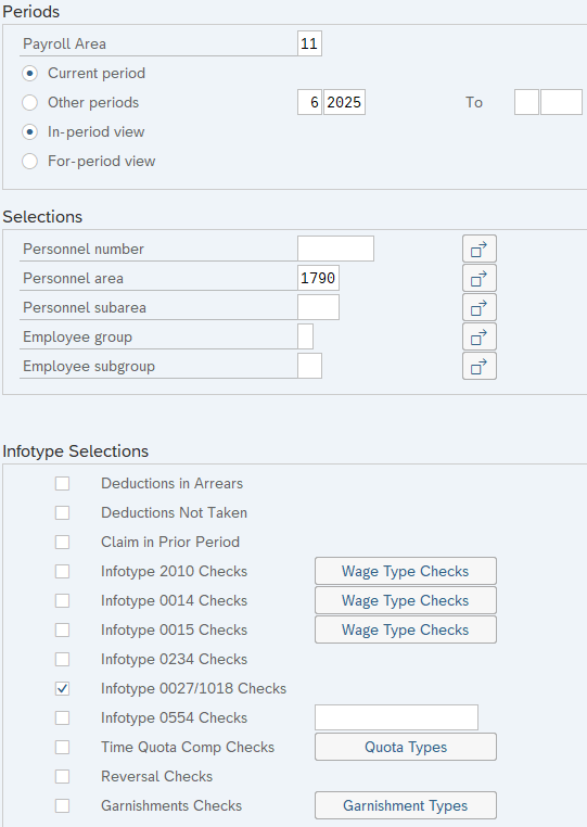 Infotype Selections field displayed.