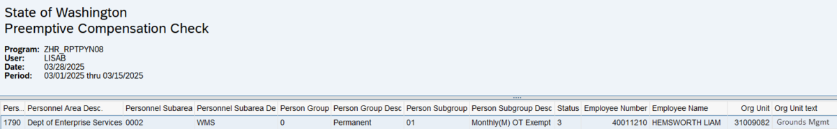 Report results with Personnel Area field displayed.