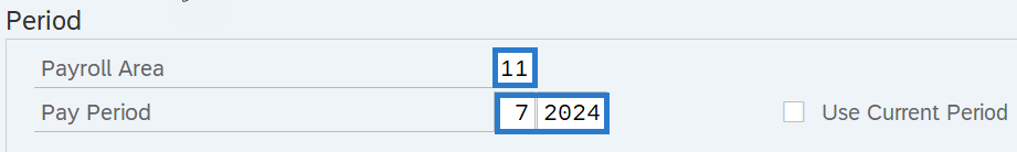 Payroll Area and Pay Period fields highlighted.