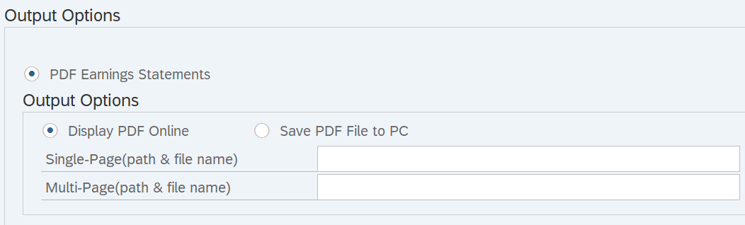 PDF Earnings Statements and Display PDF Online PDF radio buttons displayed.