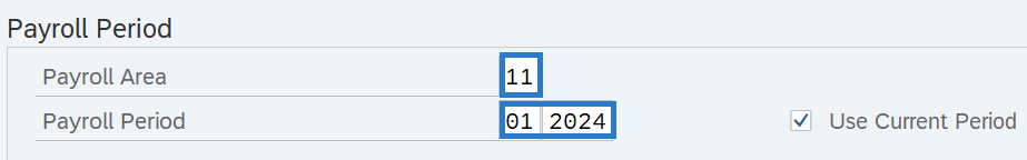 Payroll Area and Payroll Period fields highlighted.