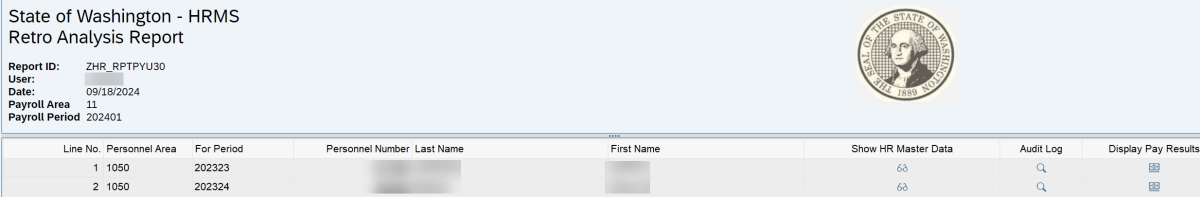 Employee retroactivity report results displayed.