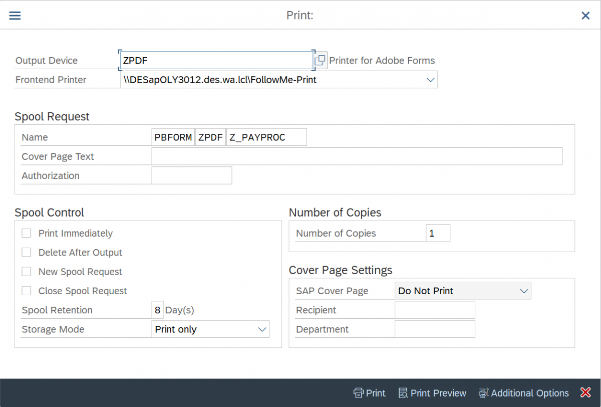 Frontend Printer field highlighted.