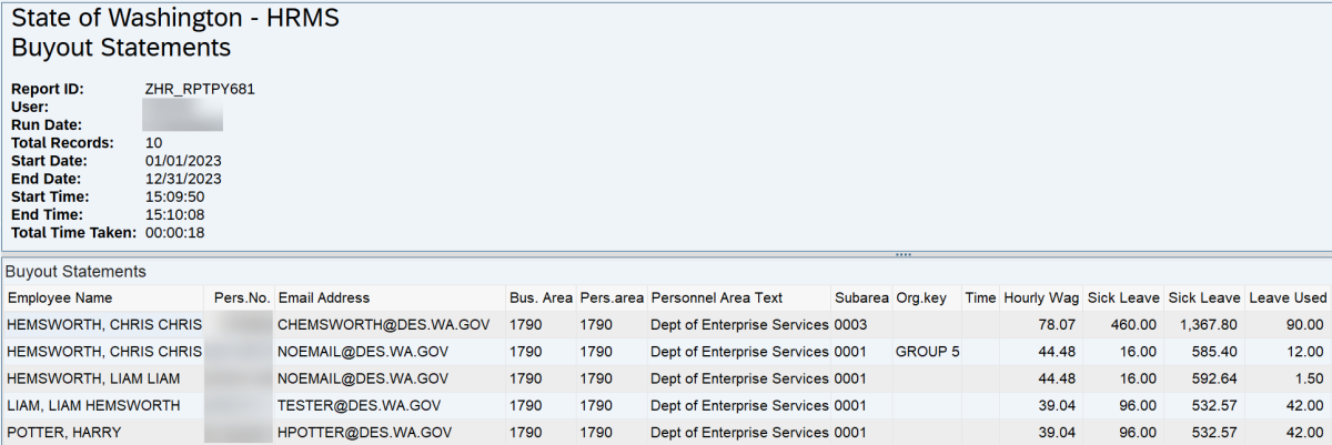 Sick Leave Buyout report results displayed.