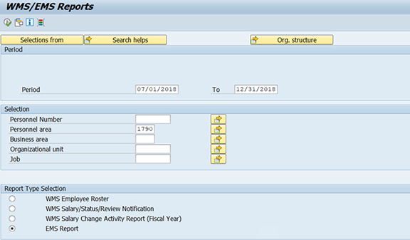 Screenshot of report selection screen.