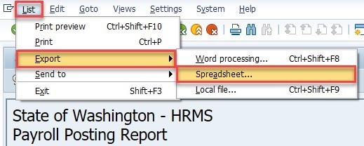 Report menu bar with List, Export, Spreadsheet commands highlighted